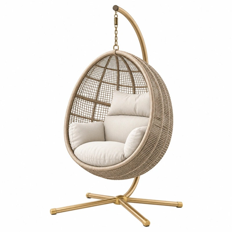 Poltrona sospesa 105 x 105 x 195 cm in fibra intrecciata beige con supporto in metallo stile boho