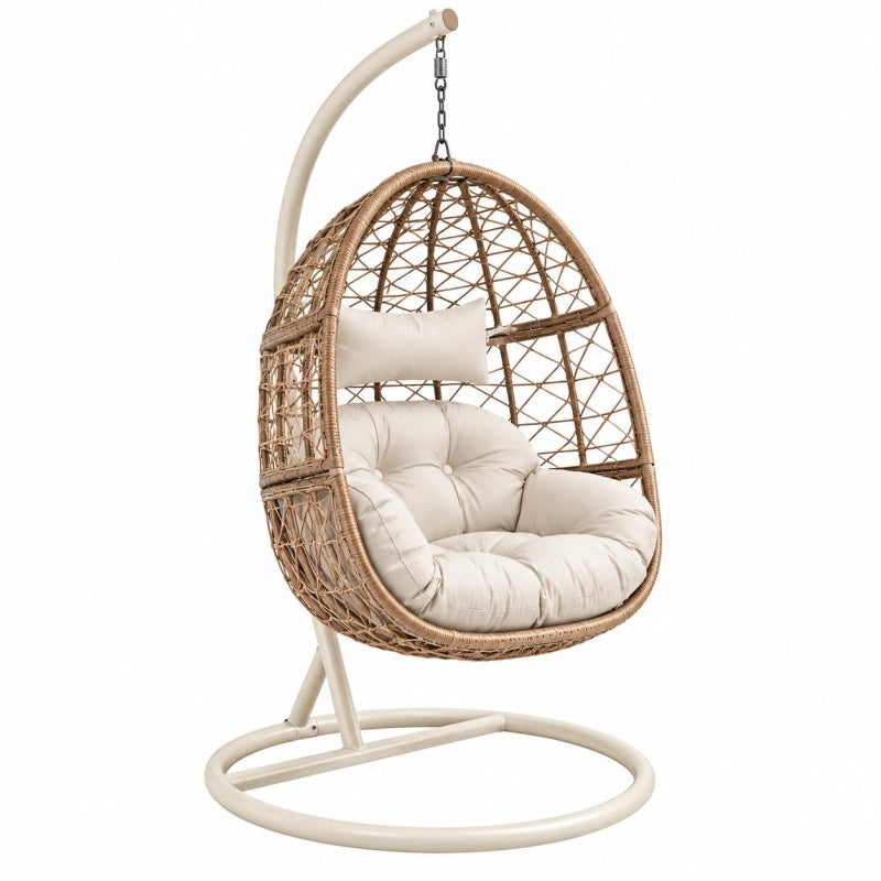 Poltrona sospesa a uovo 105 x 105 x 195 cm in rattan beige con struttura in metallo per esterno stile boho
