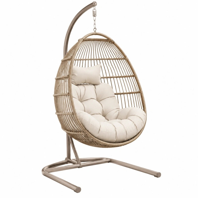 Poltrona sospesa a uovo 105 x 105 x 195 cm in metallo e intreccio beige con supporto