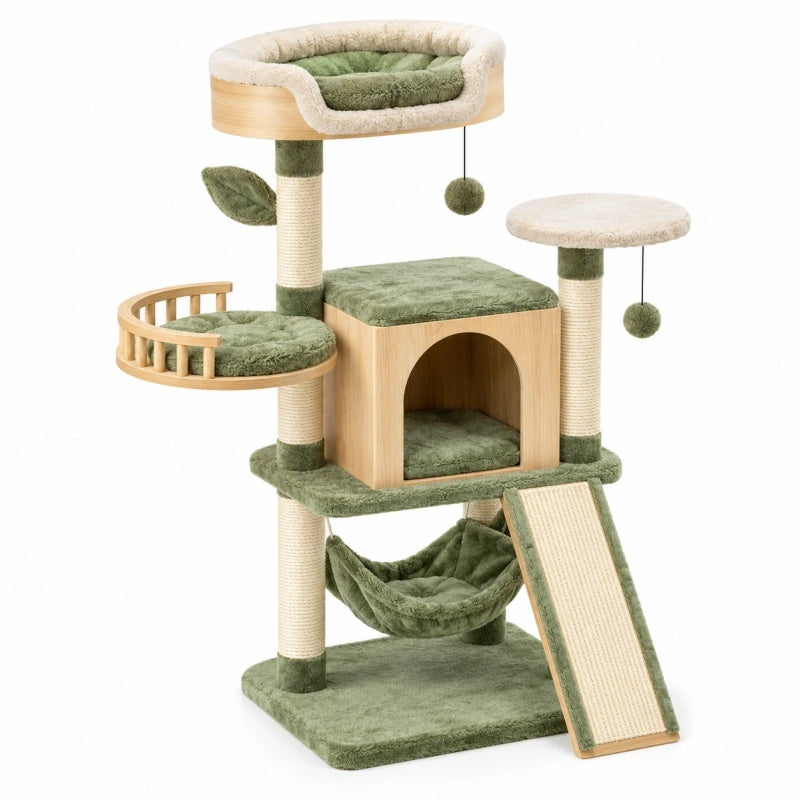 Albero tiragraffi per gatti 60 x 50 x 120 cm in legno sisal verde beige con cuccia amaca e rampe
