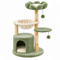 Tiragraffi per gatti 60 x 50 x 140 cm in legno e peluche verde beige con cuccia amaca e piattaforme