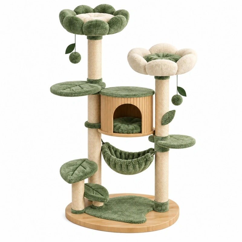 Albero tiragraffi per gatti 60 x 60 x 135 cm in legno sisal verde e beige con cuccette e amaca