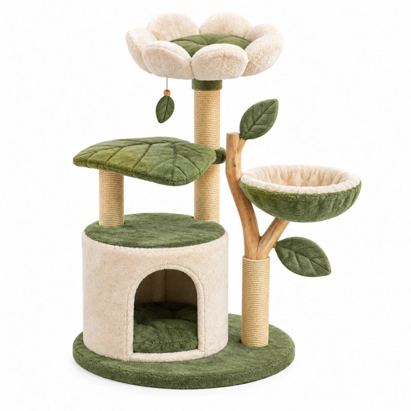 Tiragraffi per gatti 60 x 50 x 110 cm in sisal e peluche verde beige con cuccia e piattaforme