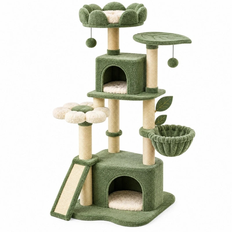 Albero tiragraffi per gatti 60 x 50 x 150 cm in tessuto verde con colonne in sisal e cucce