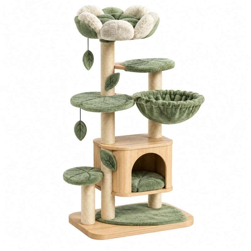 Albero tiragraffi per gatti 60x50x145 cm in legno verde con pali in sisal e cuccia