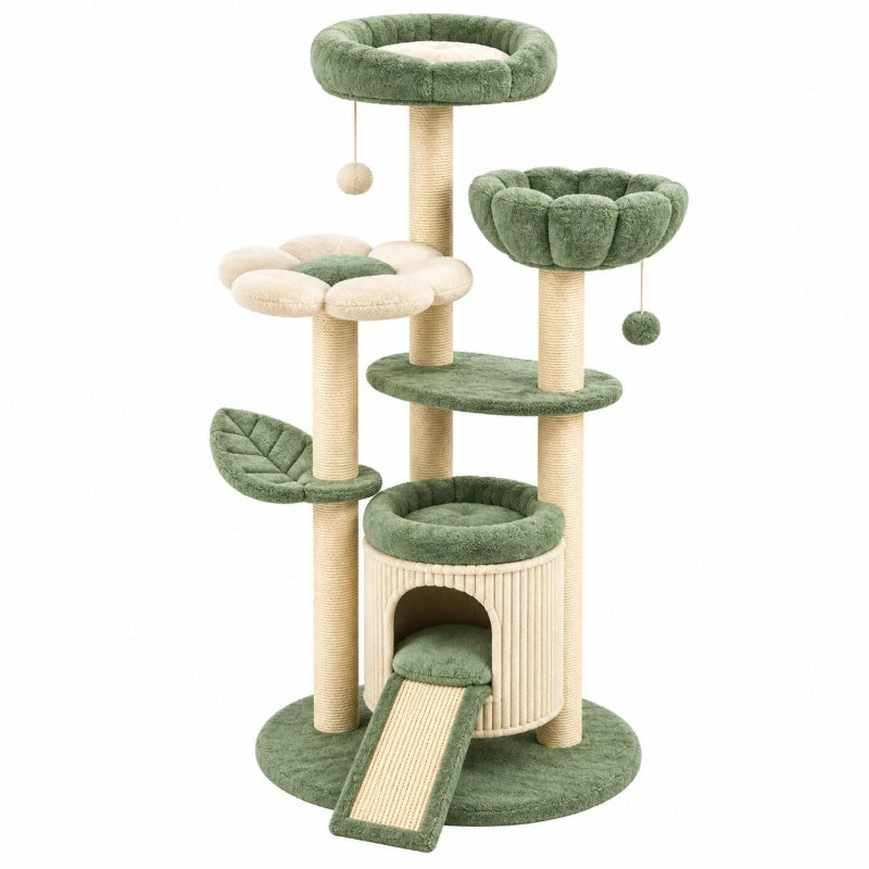 Tiragraffi per gatti 60 x 60 x 140 cm verde e beige in peluche e sisal con cuccia piattaforme e palline sospese