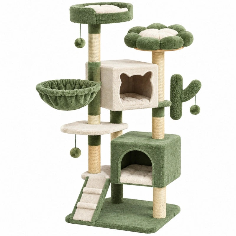 Tiragraffi per gatti 60 x 50 x 130 cm verde e beige in peluche e sisal - torre con cucce e giochi sospesi