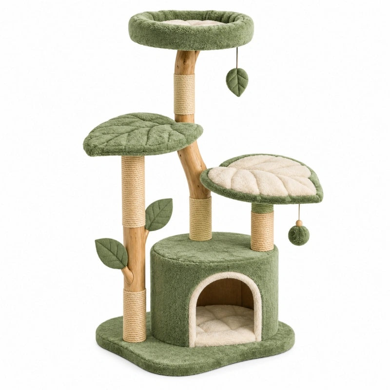 Albero tiragraffi 60 x 50 x 120 cm in legno sisal e peluche verde con cuccia e piattaforme