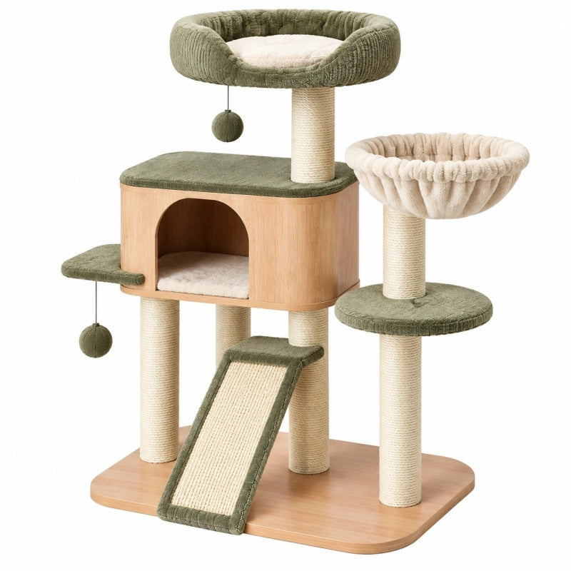 Tiragraffi per gatti 80 x 60 x 135 cm in legno e sisal verde con cuccia e piattaforme