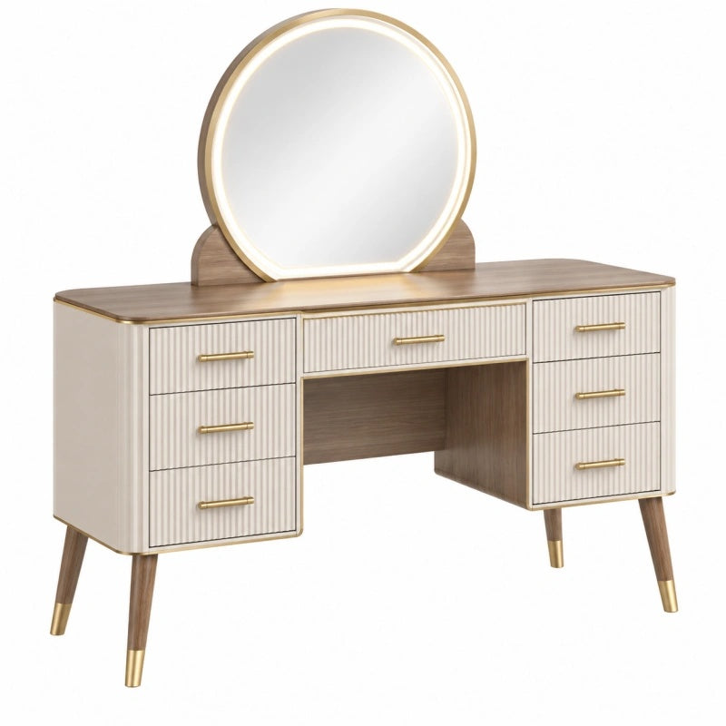 Toeletta con specchio 120 x 45 x 145 cm in legno ingegnerizzato beige e noce - stile moderno con 7 cassetti