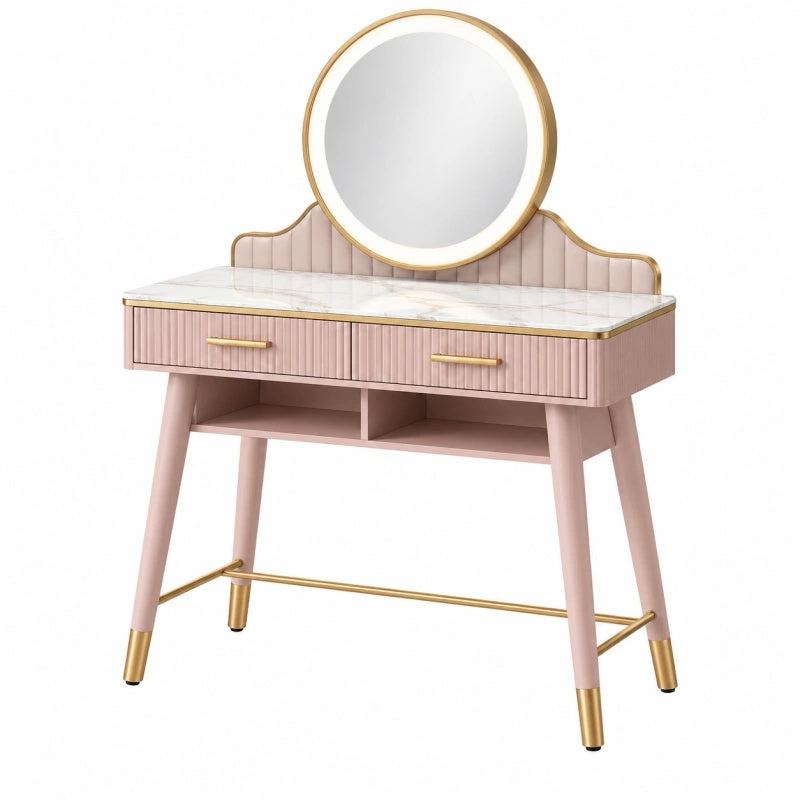 Toeletta 100 x 45 x 145 cm rosa con specchio rotondo piano effetto marmo e cassetto - stile moderno