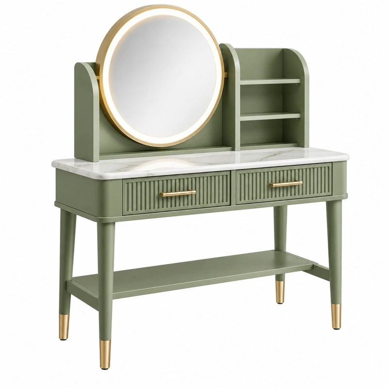 Toeletta 100 x 45 x 140 cm verde in legno con specchio illuminato e cassetti stile moderno