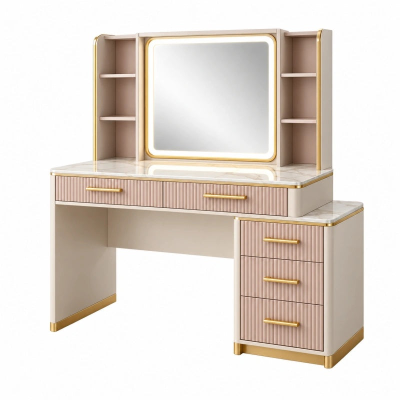 Tavolo da toeletta 120 x 50 x 150 cm in legno ingegnerizzato rosa cipria con specchio e cassetti