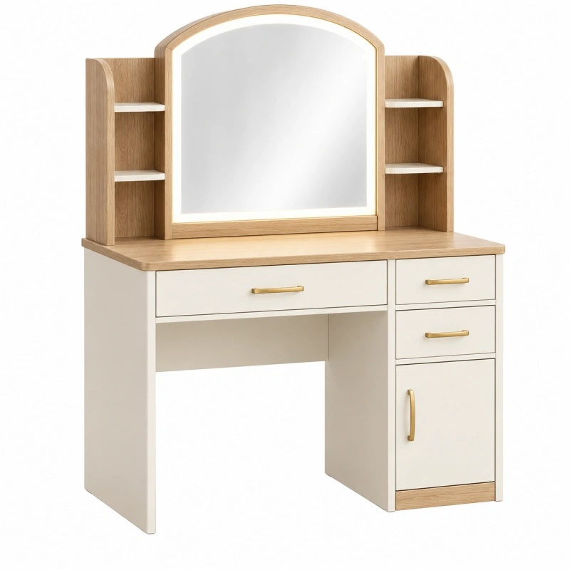 Toeletta 100 x 45 x 145 cm in legno bianco e rovere con specchio e contenitori