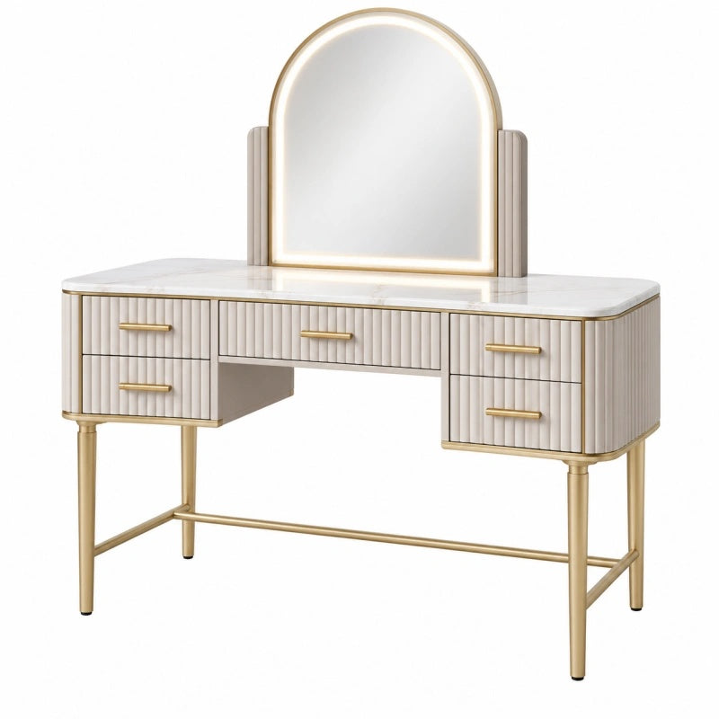 Toeletta 120 x 45 x 142 cm bianca e oro in legno vetro e metallo con specchio e cassetti stile contemporaneo