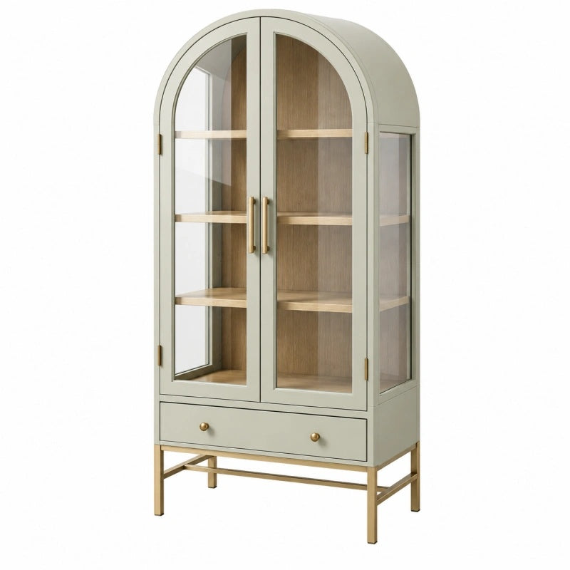 Vetrina 90 x 42 x 180 cm in legno verde salvia con vetro e cassetto - stile contemporaneo