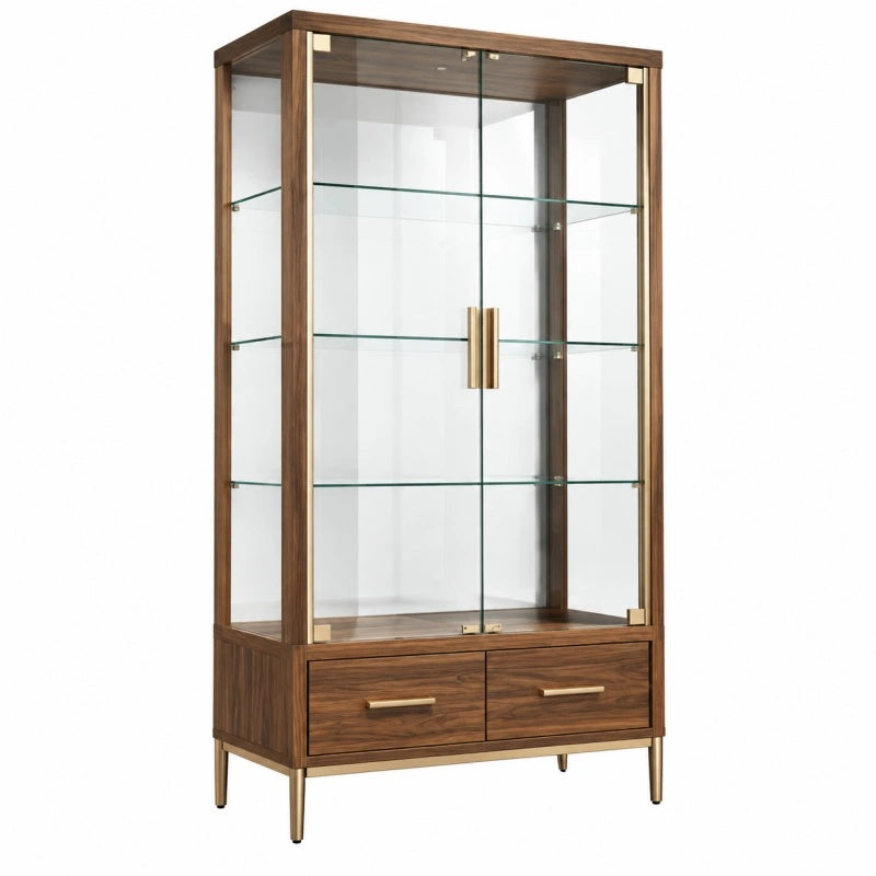 Vetrina 90 x 40 x 180 cm in legno e vetro marrone stile moderno con ante e cassetti
