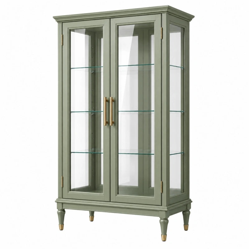 Vetrina 90 x 40 x 180 cm in legno verde salvia e vetro - stile classico con ante