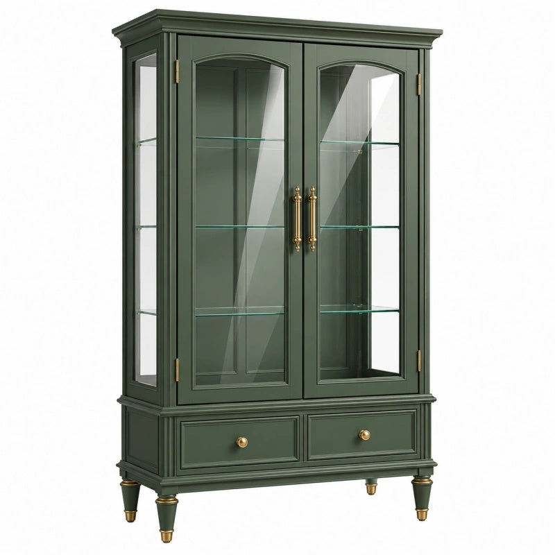 Vetrina 100 x 45 x 190 cm in legno verde con vetro - stile classico con cassetti