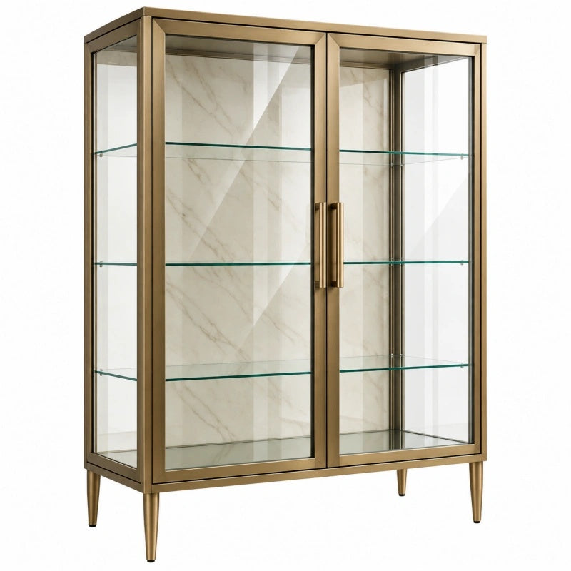 Vetrina 90 x 40 x 160 cm in vetro e metallo dorato con ante scorrevoli stile moderno